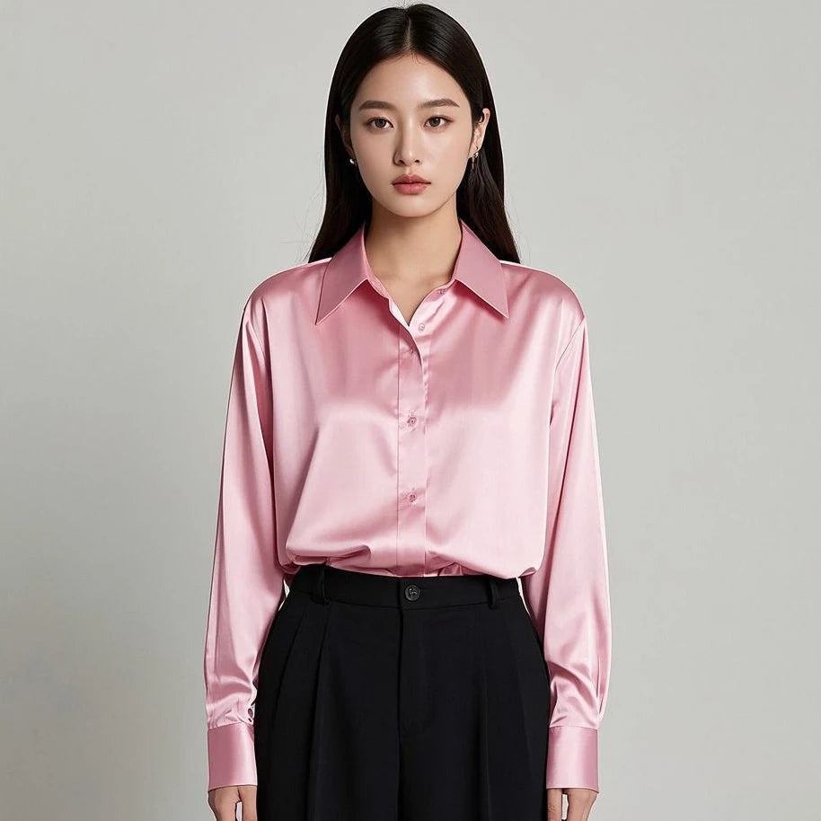 Korean Office Lady Satin Blouse Shirt For Women Casual Chic