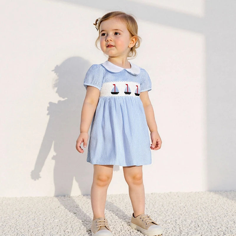 Child Girl Summer Striped A-Line Dress with Doll Collar Short Sleeves
