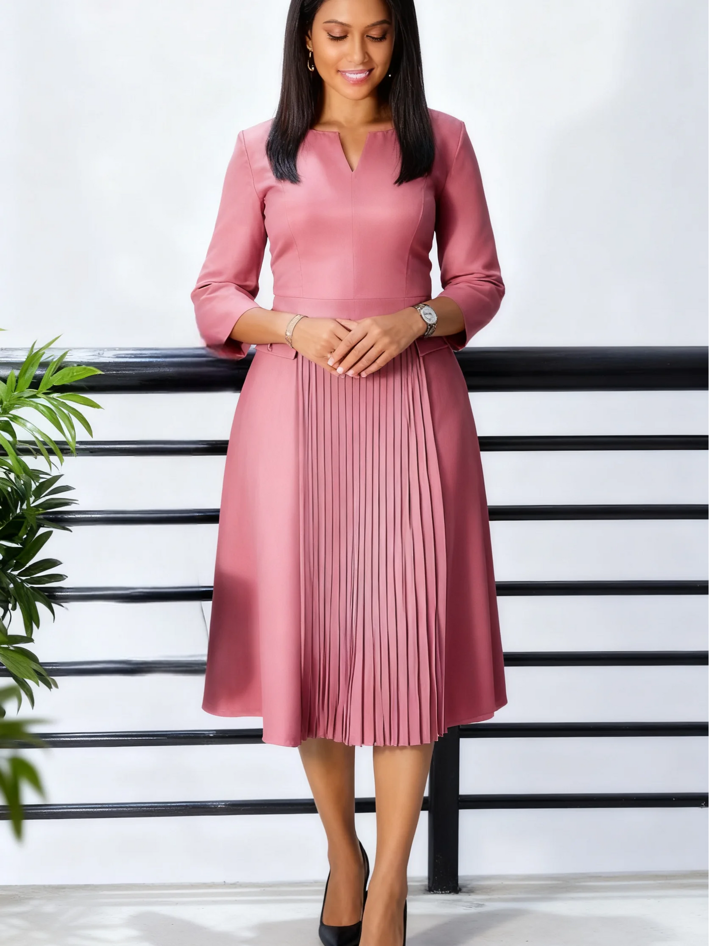 Women's Elegant A-Line Midi Dress - 34 Sleeve Small V-Neck Church Wedding