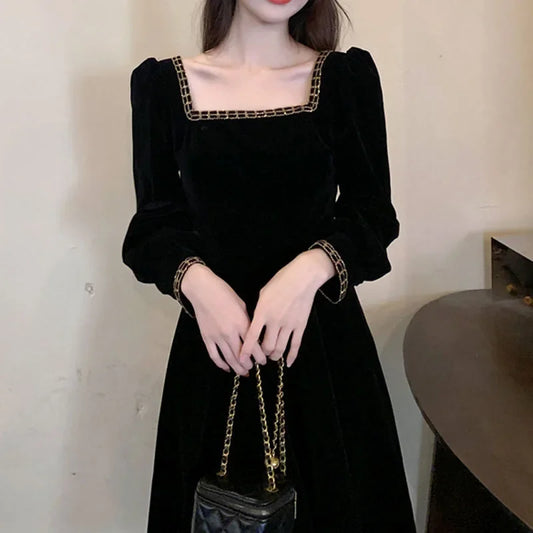 Velvet French Style Square Collar Dress For Women Autumn Winter
