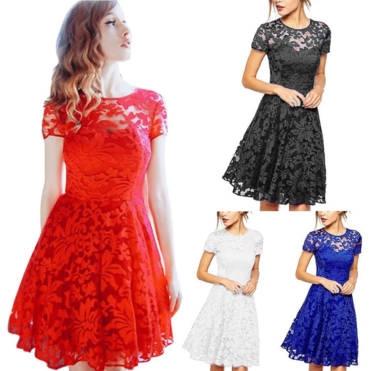 Women Summer Dress See-through Hollow Out Lace Short Sleeves