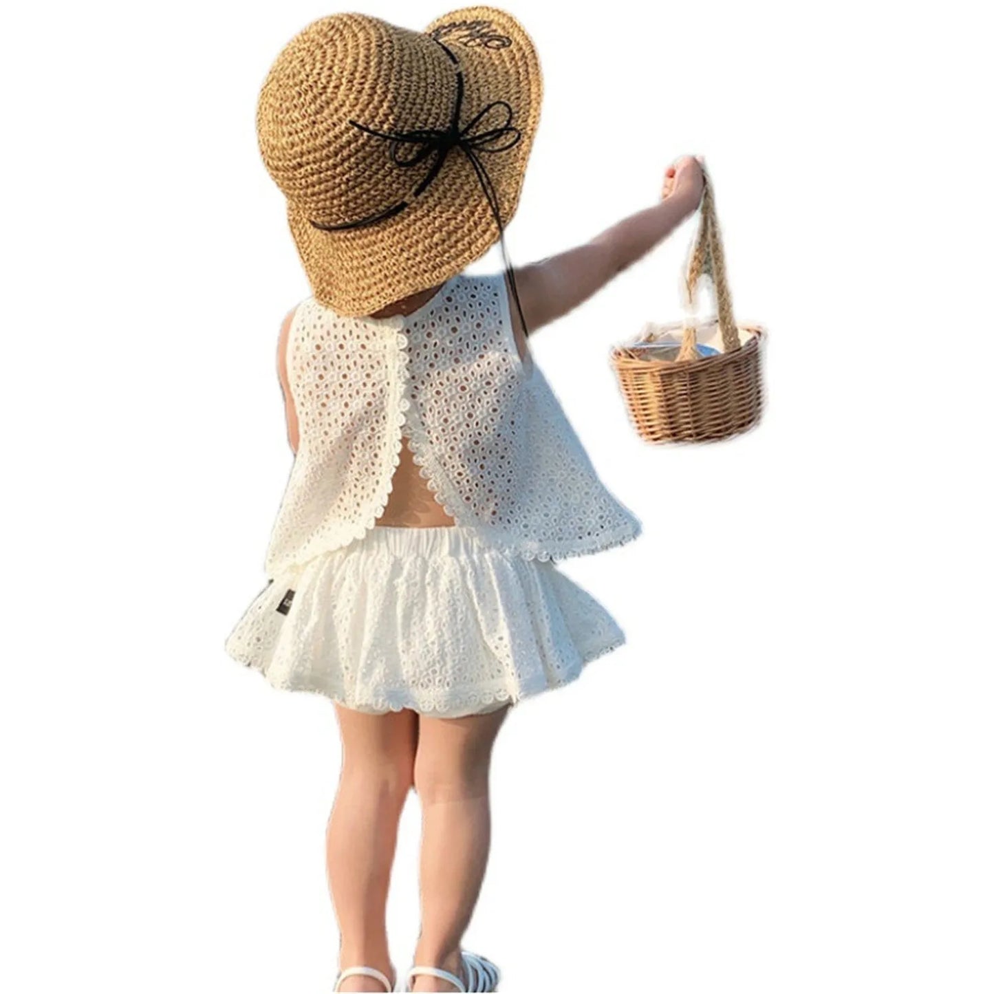 Girls 2025 Summer Clothing Sets Hollow Lace Suit Baby Casual Sleeveless