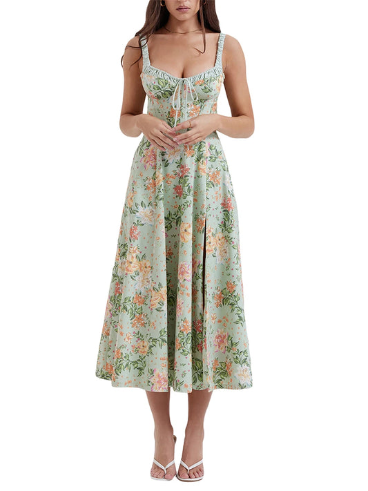 Women Summer Casual Midi Dress Floral Print Low-Cut Sleeveless
