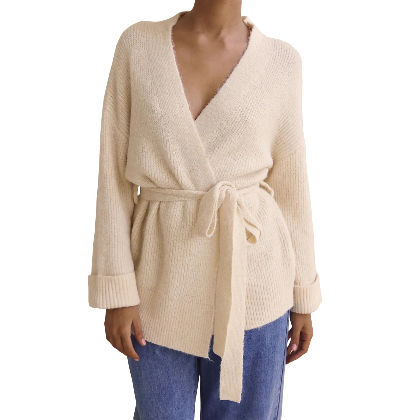 Women Open Front Belted Cardigan Long Sleeve V Neck Sweater