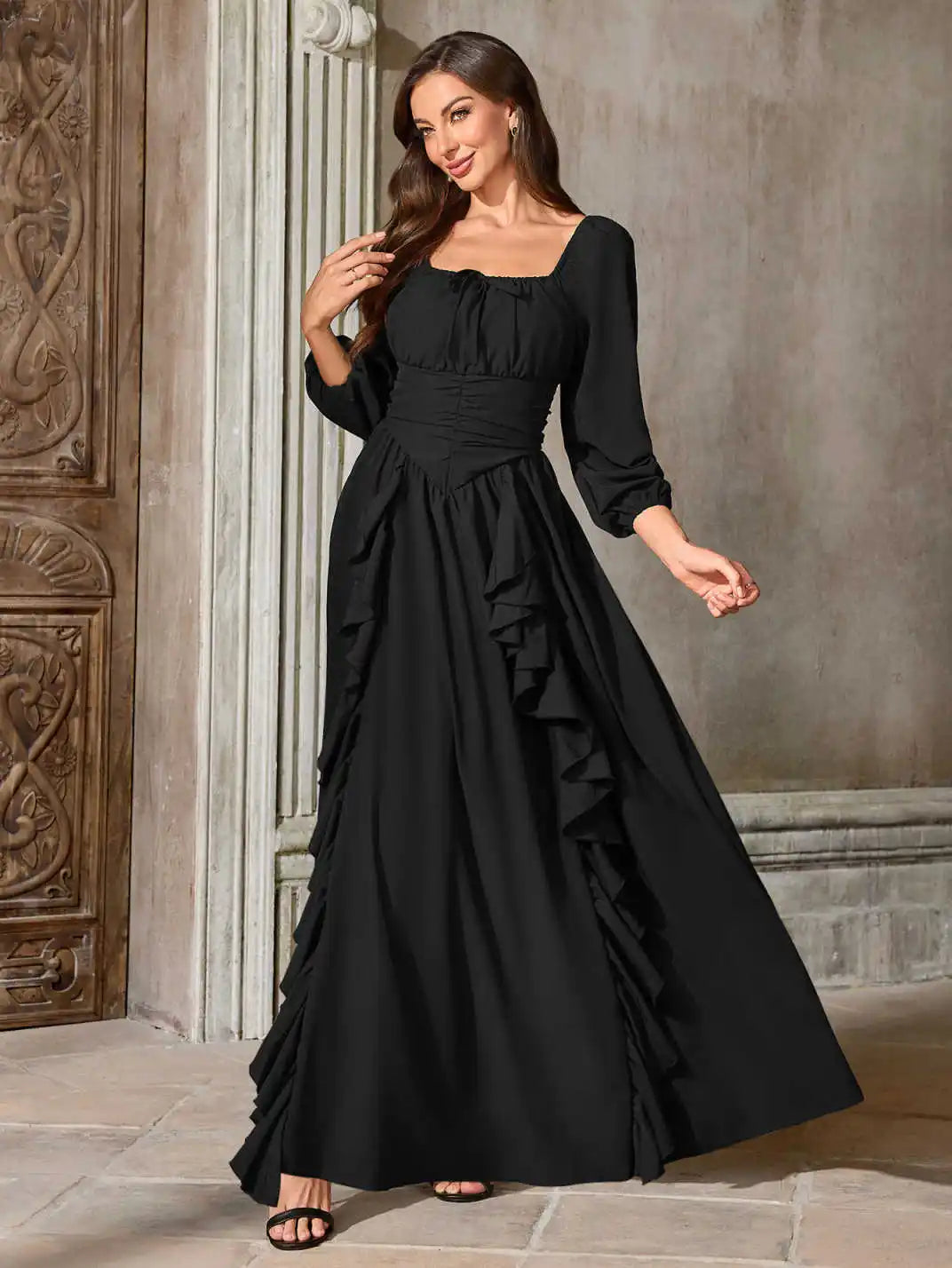 Renaissance Medieval Dress Women Ren Faire Dress, Square Neck, Long Puff Sleeves,