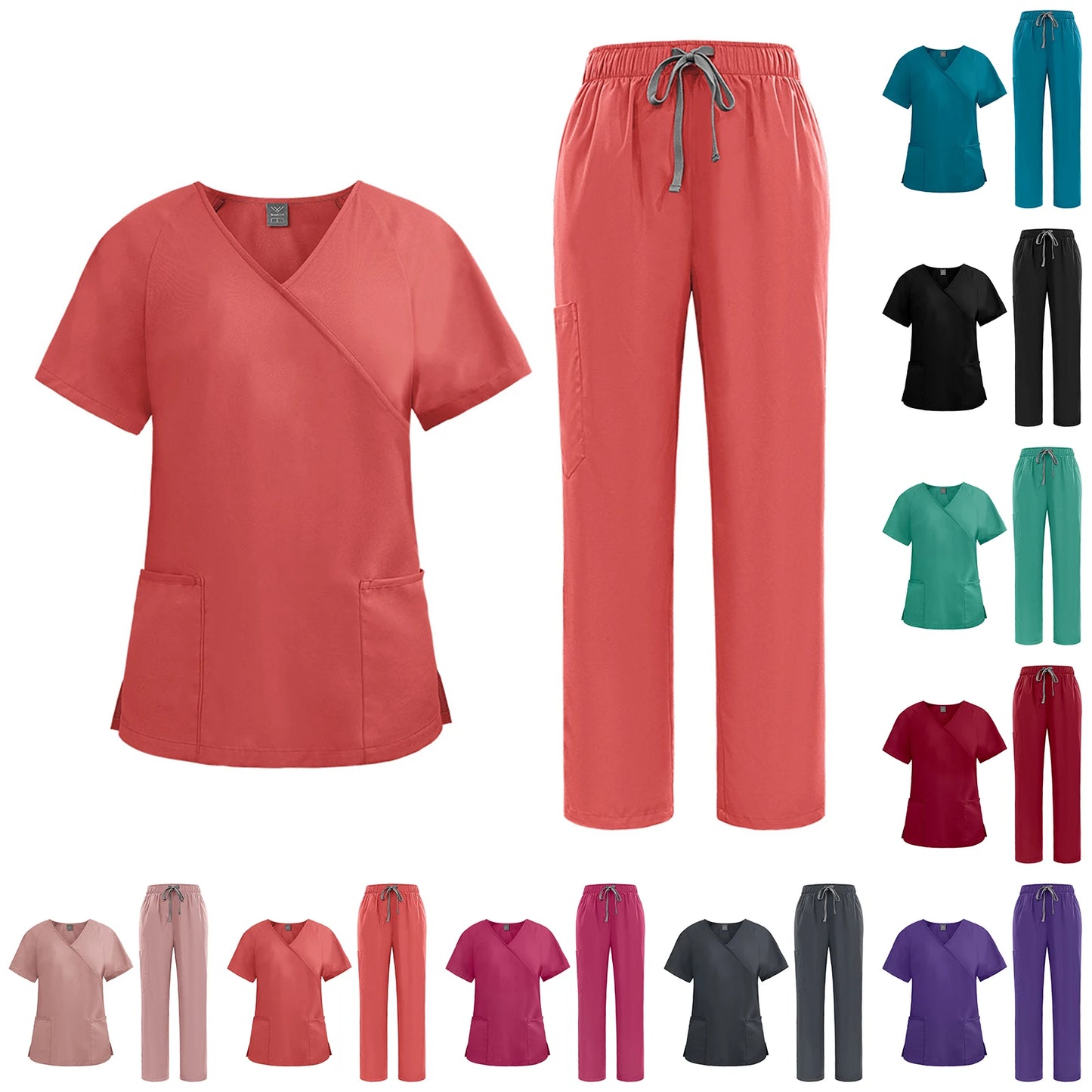 Women's Nurse Scrub Set Asymmetric V-Neck Short Sleeve Multi-Color Multi-Pocket Straight Pants