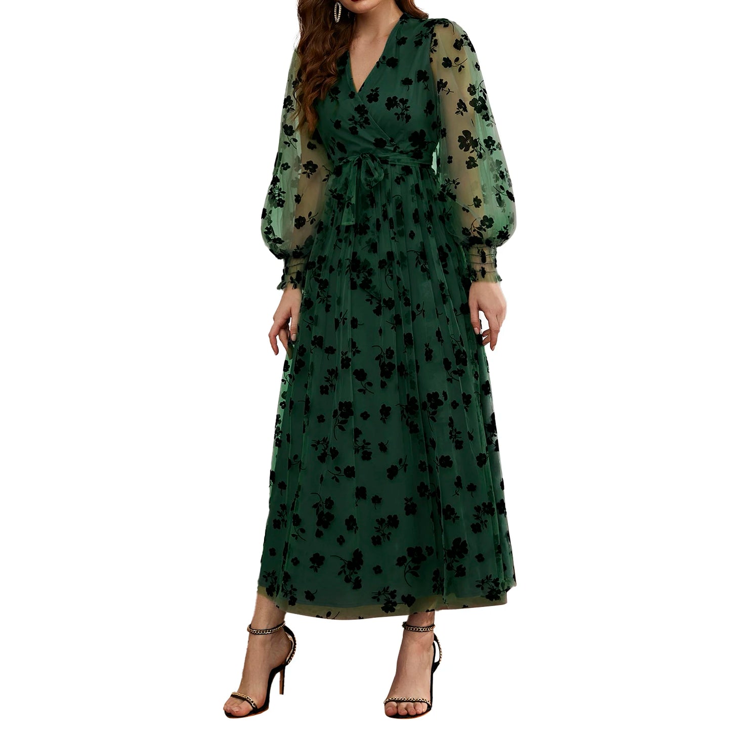 Floral Embroidered Belted Maxi Dress With Long Sleeves For Events