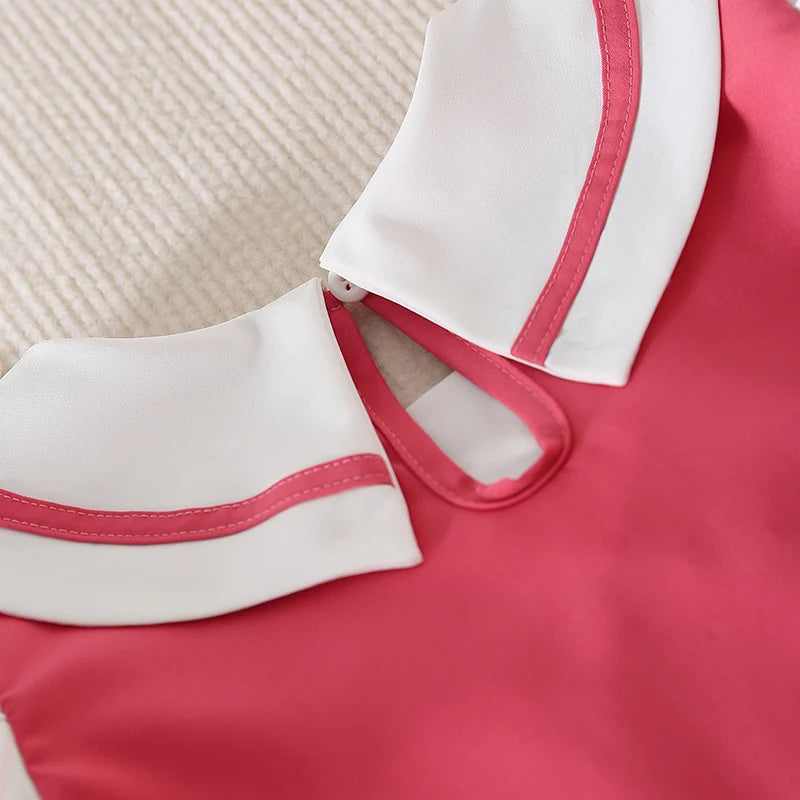 Youthful Girl s Summer Dress with Short Puff Sleeves V-Neckline and Bow Detail