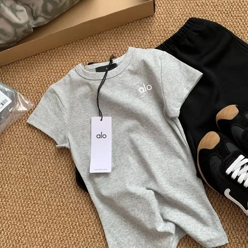 ALO Letter Printing T Shirt Women Clothes Sports Slim Fit