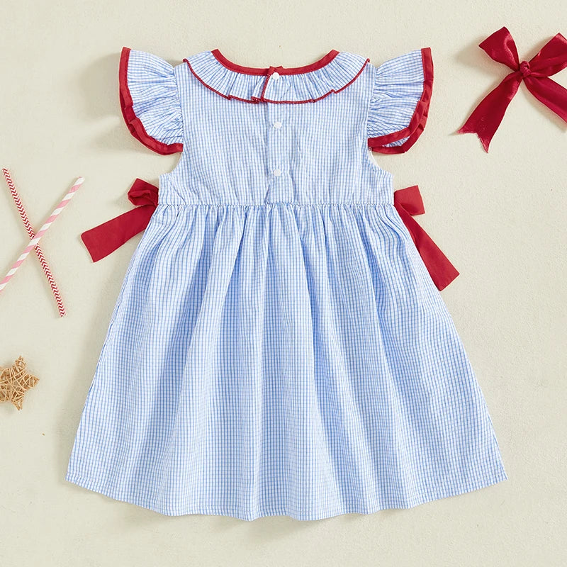 Independence Day Toddler Girl Dress with Plaid Bows and American Flag