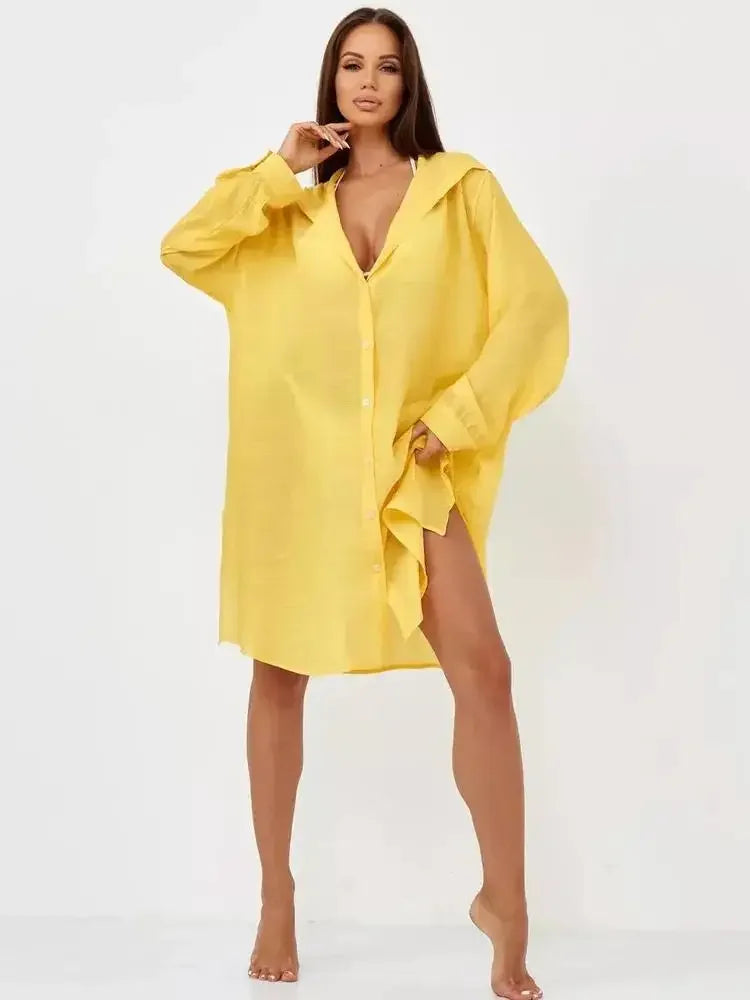 Women's Long Sleeve Button Down Tunic Dress Beach Cover Up
