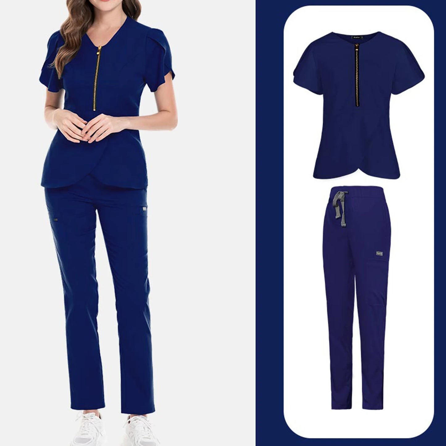 Women's Nurse Scrub Set V-Neck Short Sleeve Zipper Ruffle Sleeve Multi-Color Long Pants