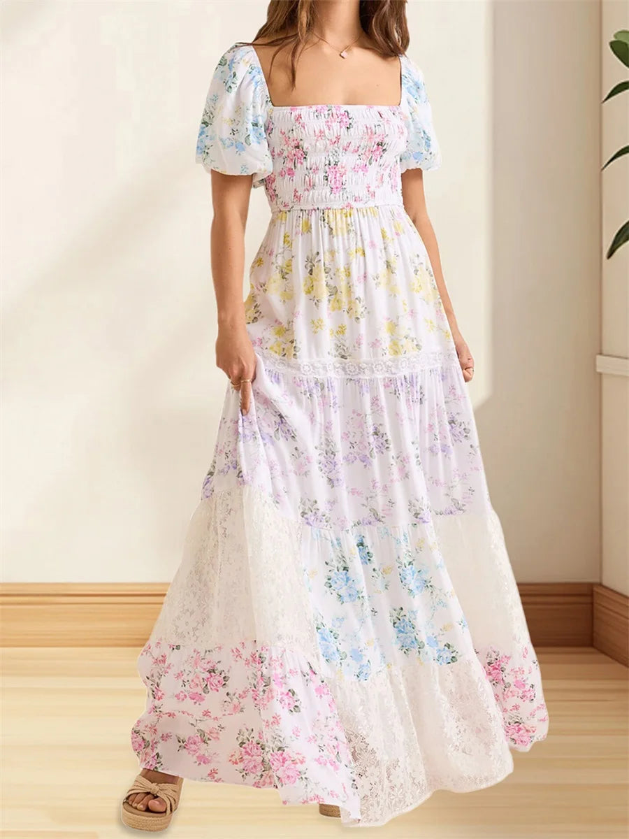 Elegant Floral Print Short Sleeve A-Line Dress with Ruffled Hem for Women