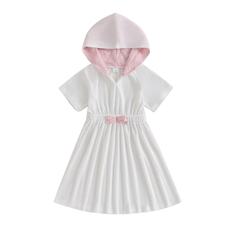Kids Beach Cover Up Dress with 3D Bow Detail Short Sleeve Hooded