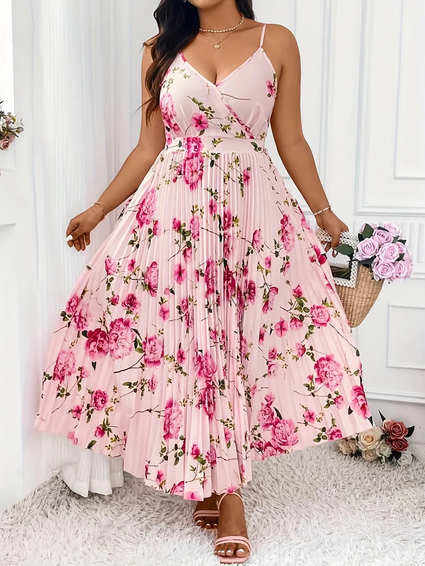 Fashionable And Casual Pleated Printed Slim Shoulder Strap Elegant Dress
