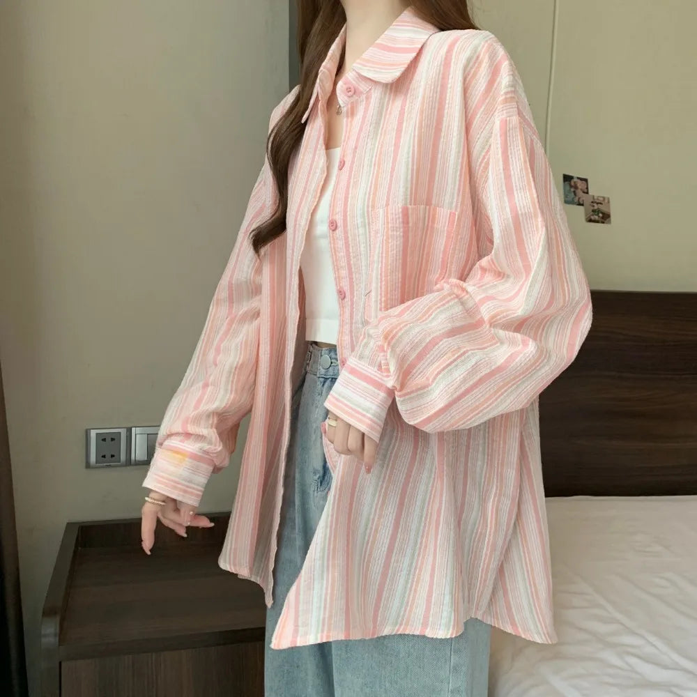 Vintage Striped Shirts Women All-match Korean Style Single Pocket