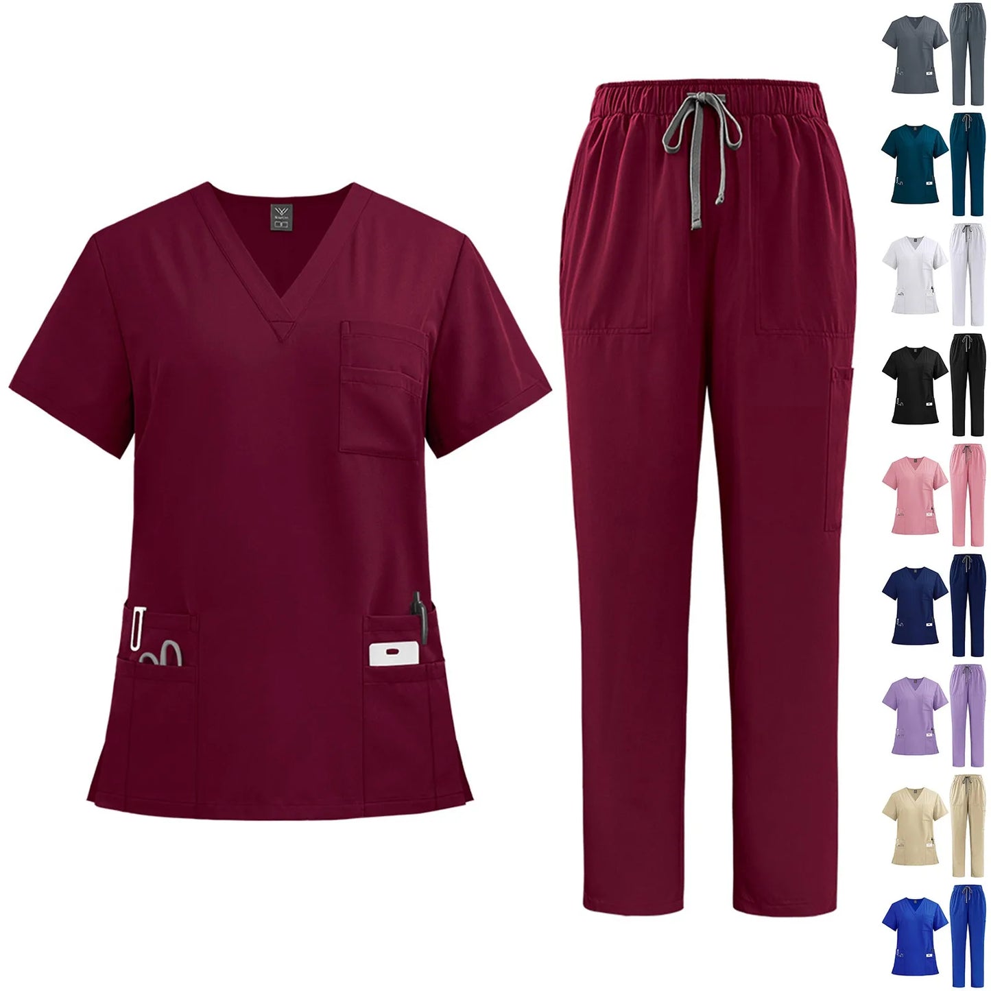 Women's solid color nurse uniform quick-drying fabric v-neck short-sleeved trousers suit