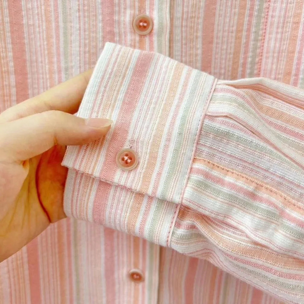 Vintage Striped Shirts Women All-match Korean Style Single Pocket