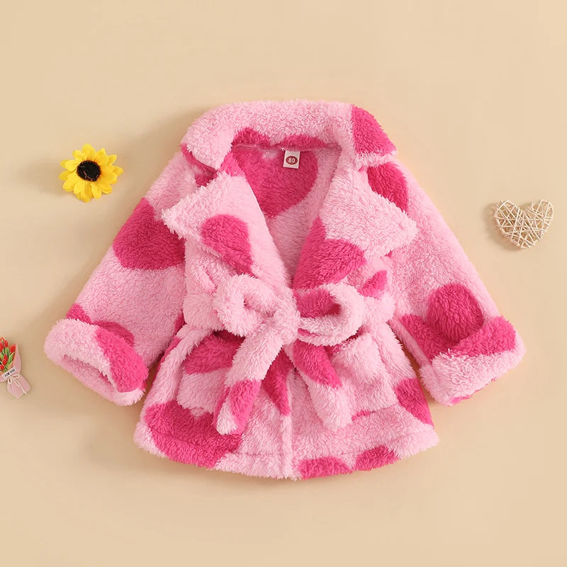 Valentine s Day Toddler Girls Heart Print Fleece Bathrobe with Tie Waist and Long Sleeves -