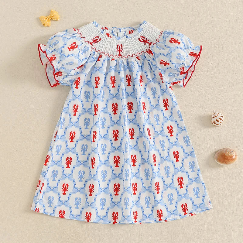 Cute Baby Girls Dress with Crab Print Round Neck and Short Sleeves Adorable Casual Dress
