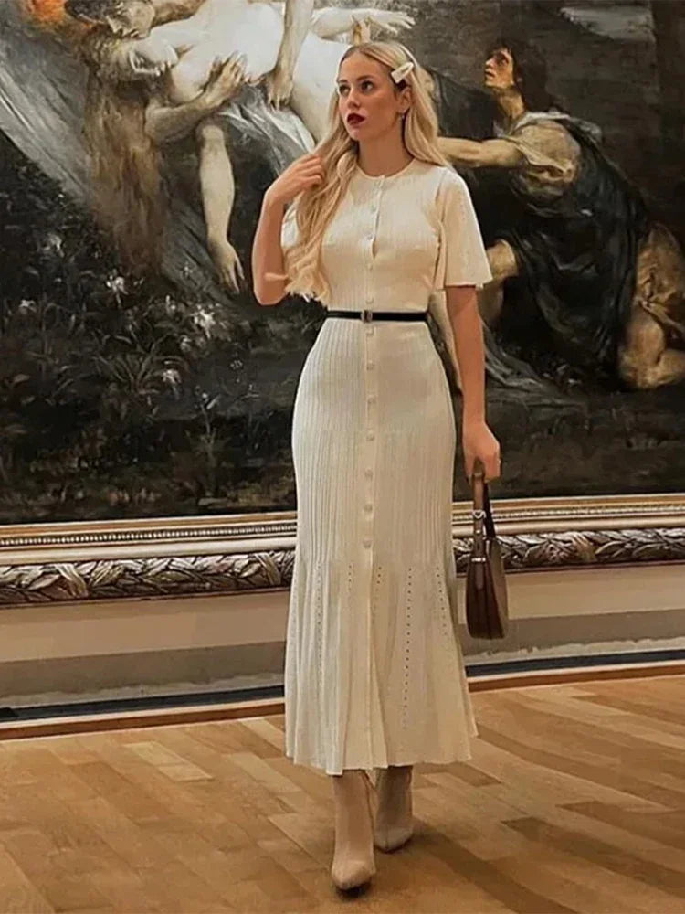 Elegant Knitted Dress Women Solid Single Breasted O Neck Short Sleeve High Waist Hip