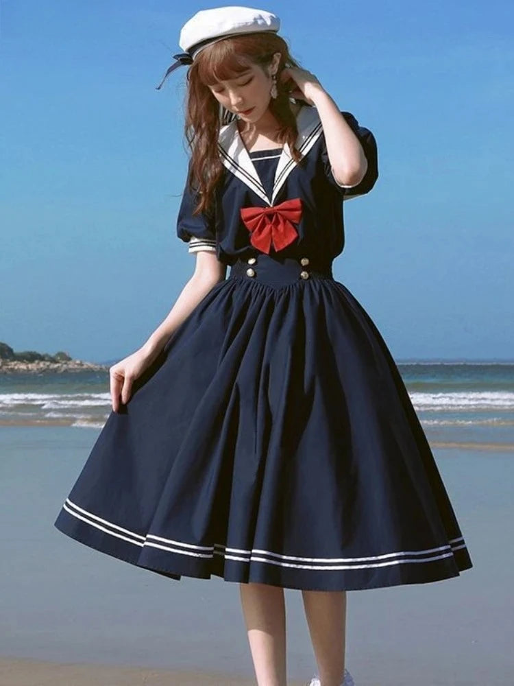 Japanese Lolita Style Puff Sleeve Dress For Women With Bow