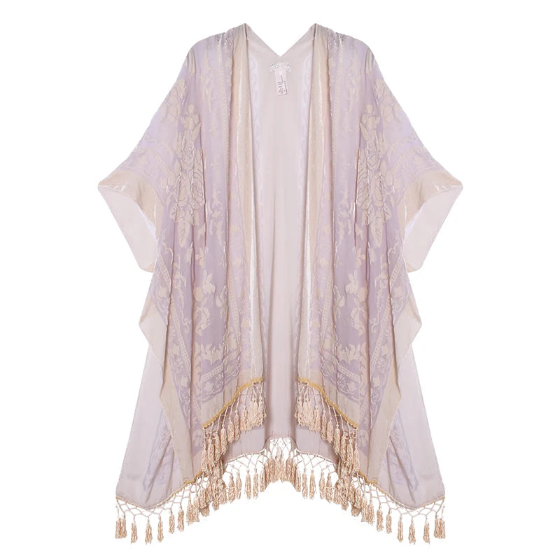 WeHello Women's Burnout Velvet Kimono Long Cardigan Cover Up with Tassel
