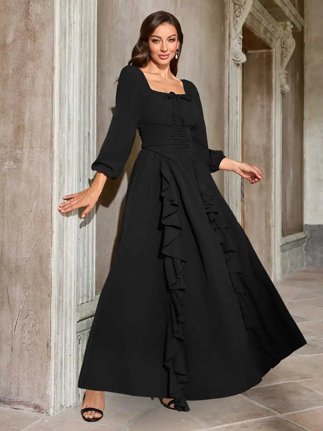 Renaissance Medieval Dress Women Ren Faire Dress, Square Neck, Long Puff Sleeves,