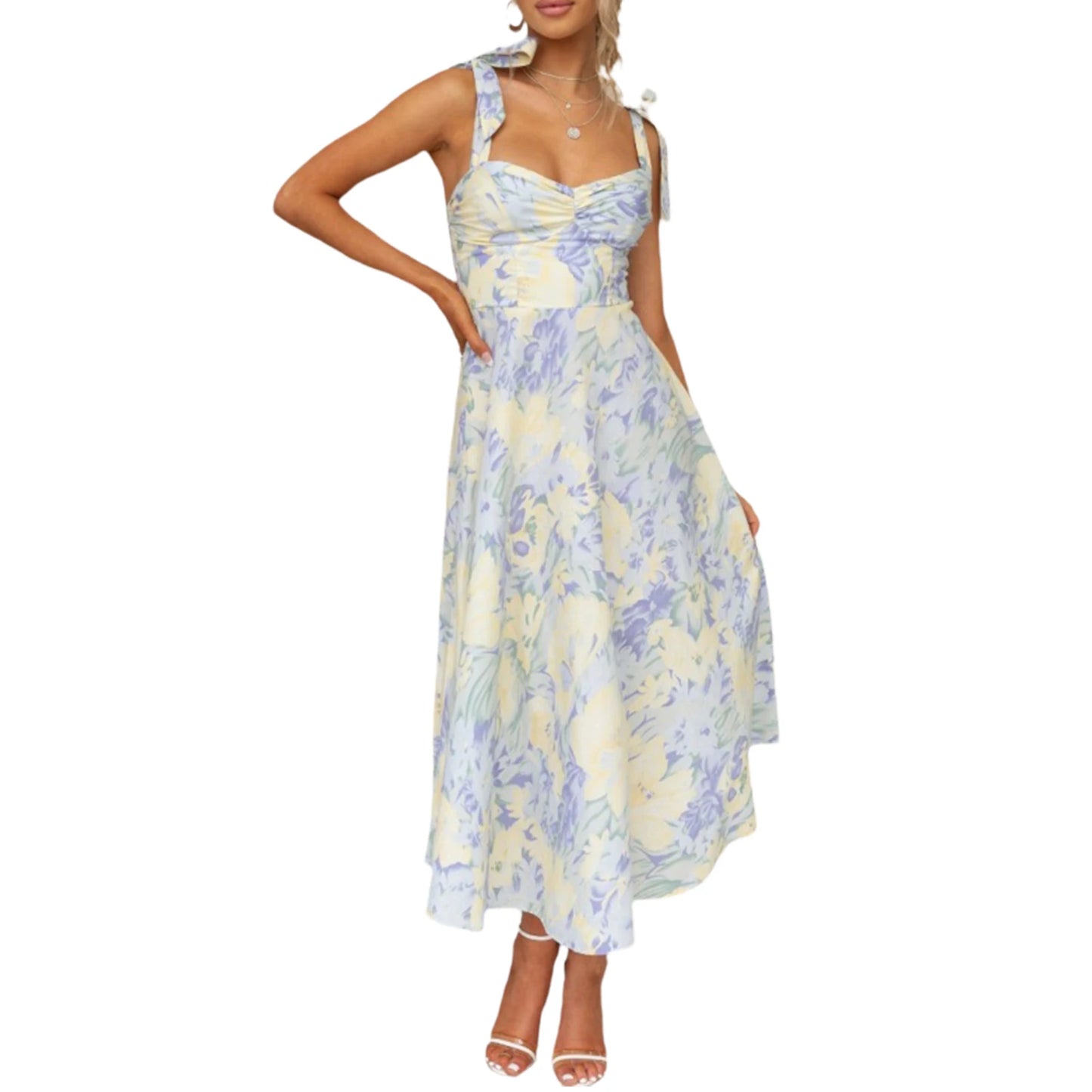 Women Sling Dress Sleeveless Low-cut Tie-up Flower Print