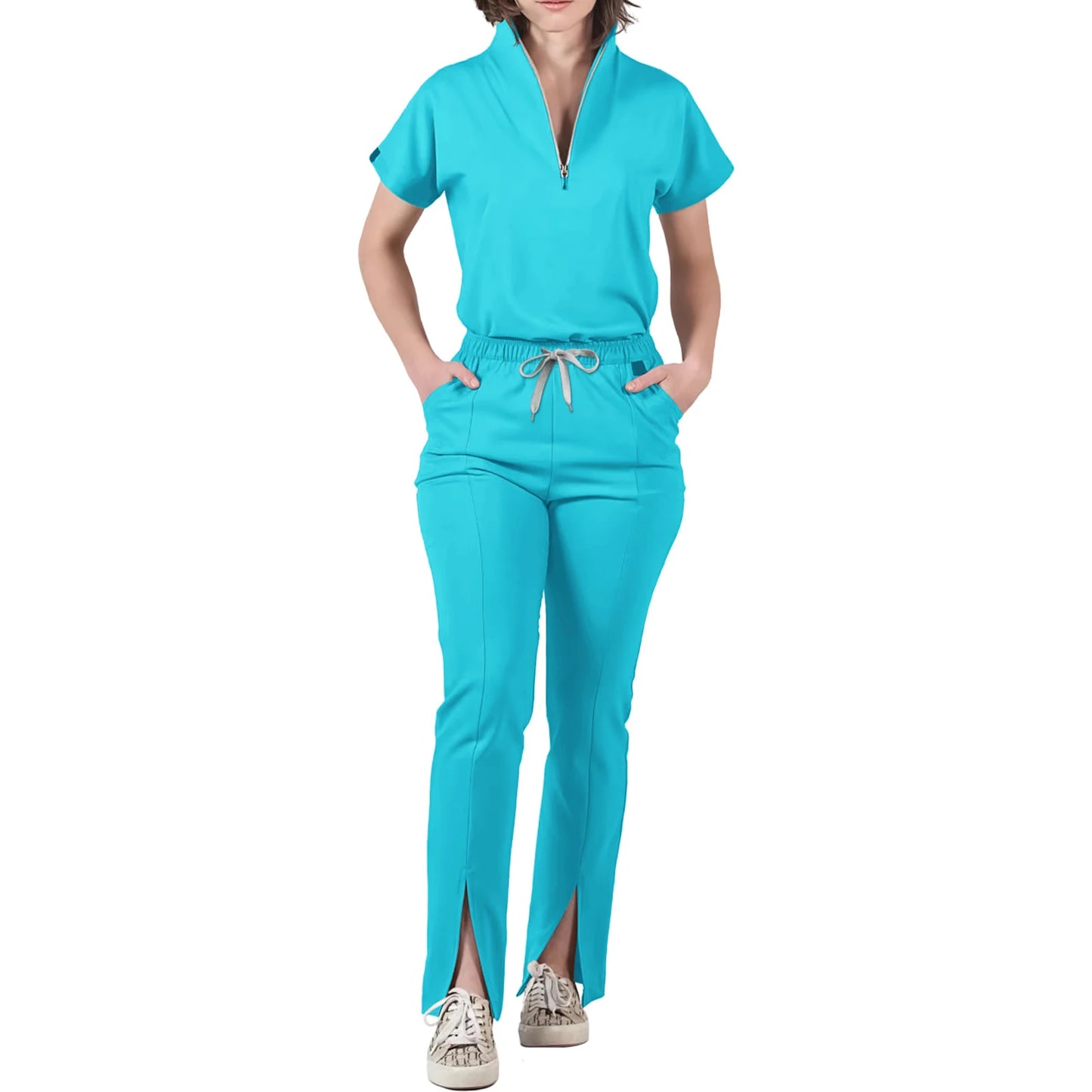 Women's Nurse Scrub Set V-Neck Half Zipper Short Sleeve Multi-Color Split Hem Pants Multi-Pocket