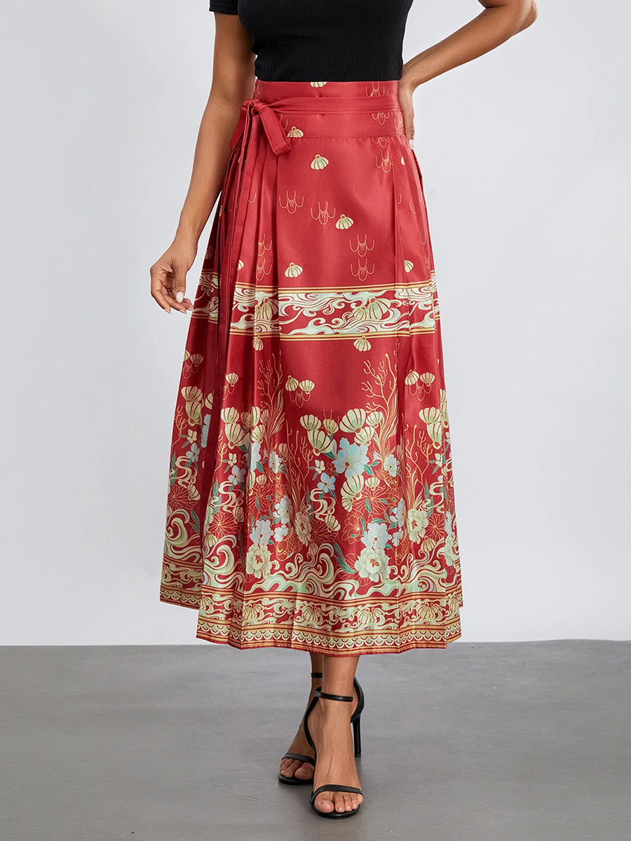 Women s Horse Face Skirt Elegant Phoenix Character Flower Print Pleated