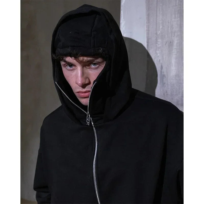 Men Hip Hop Double Hat Balaclava Hoodie Windproof Zipper Face Mask Sweatshirt