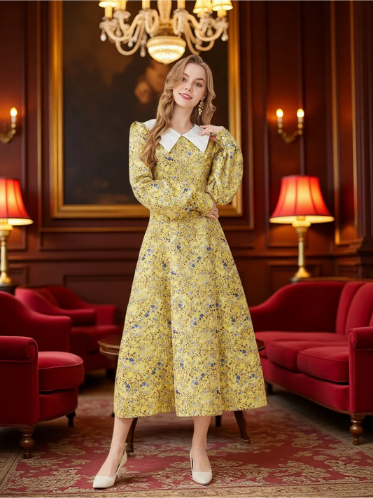 Elegant Women Party Maxi Dress Floral Jacquard A-Line