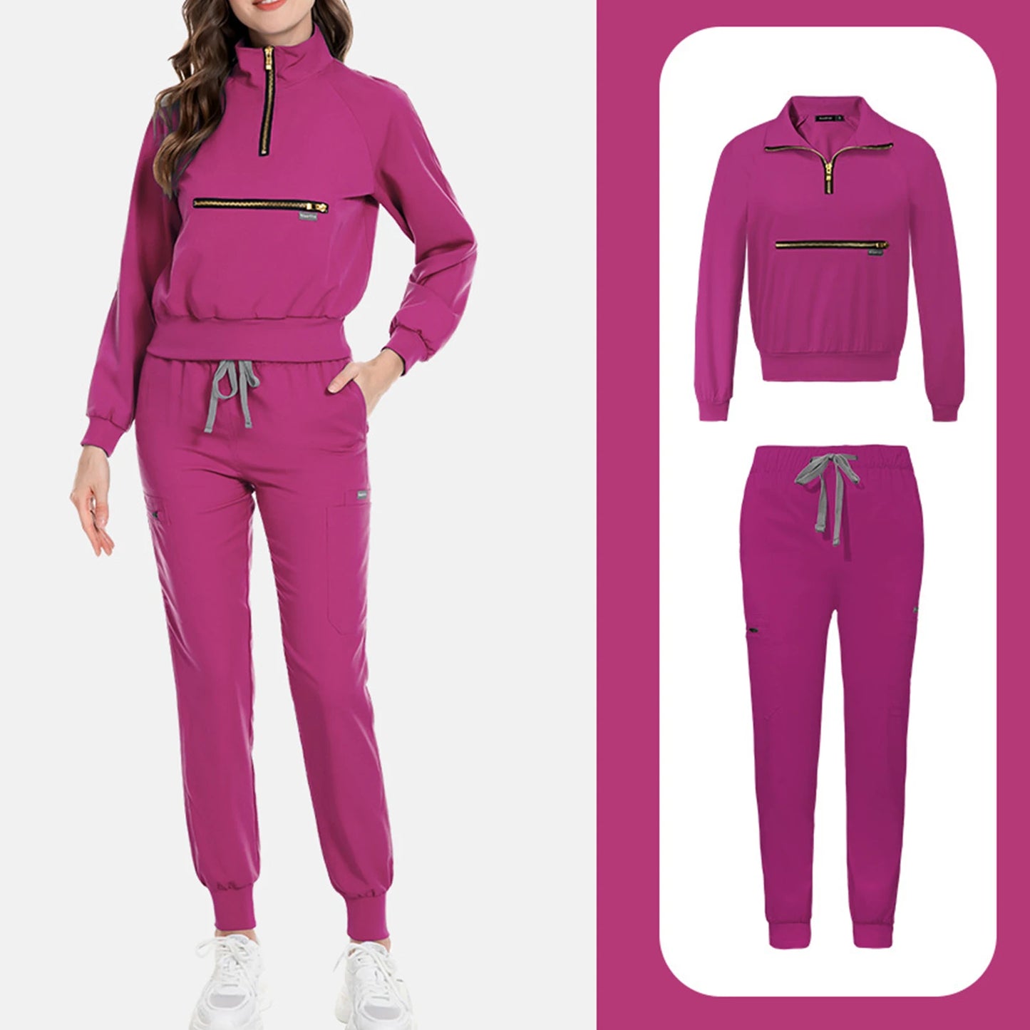 Scrub Set Stand Collar Zipper Long Sleeve Multi Pocket Professional