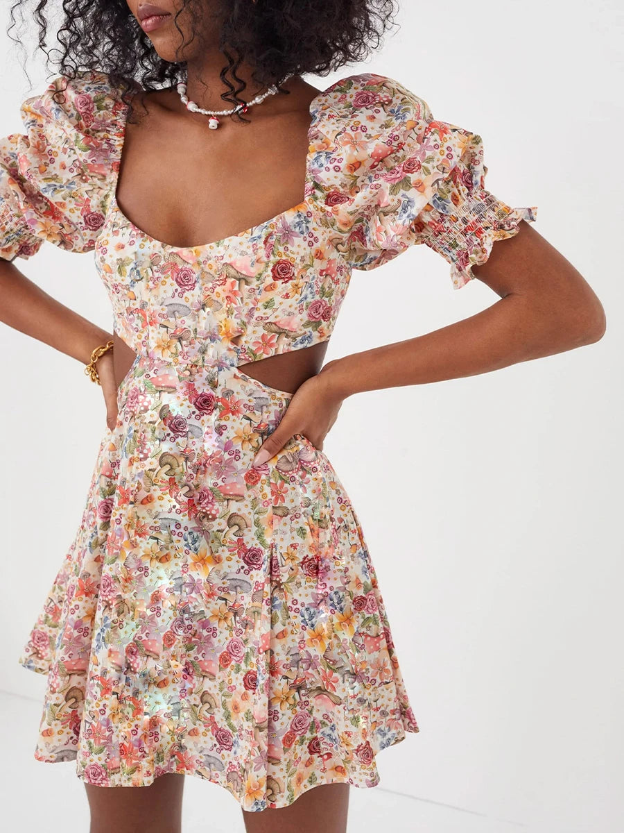 Women s Summer Floral Print Dress Short Puff  Square Neck Cutout Waist
