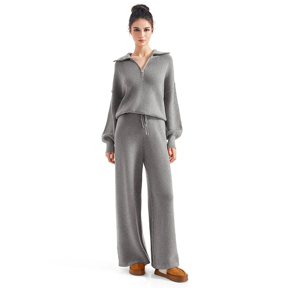 Two Piece Lounge Set Tracksuit Oversized Zip Pullover Polo Neck