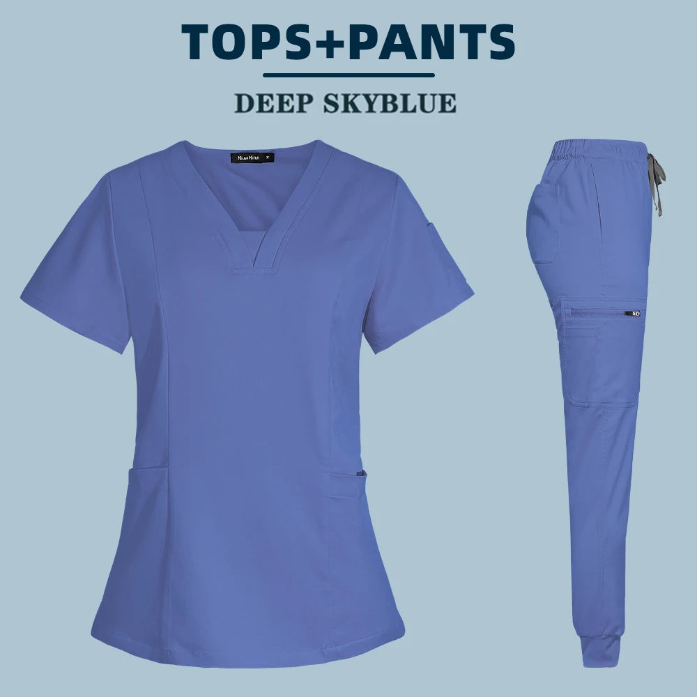 Short Sleeve Scrubs Top With Pocket Pants  Nurse , Doctor ,Surgery, Spa workwear andBeauty Salon