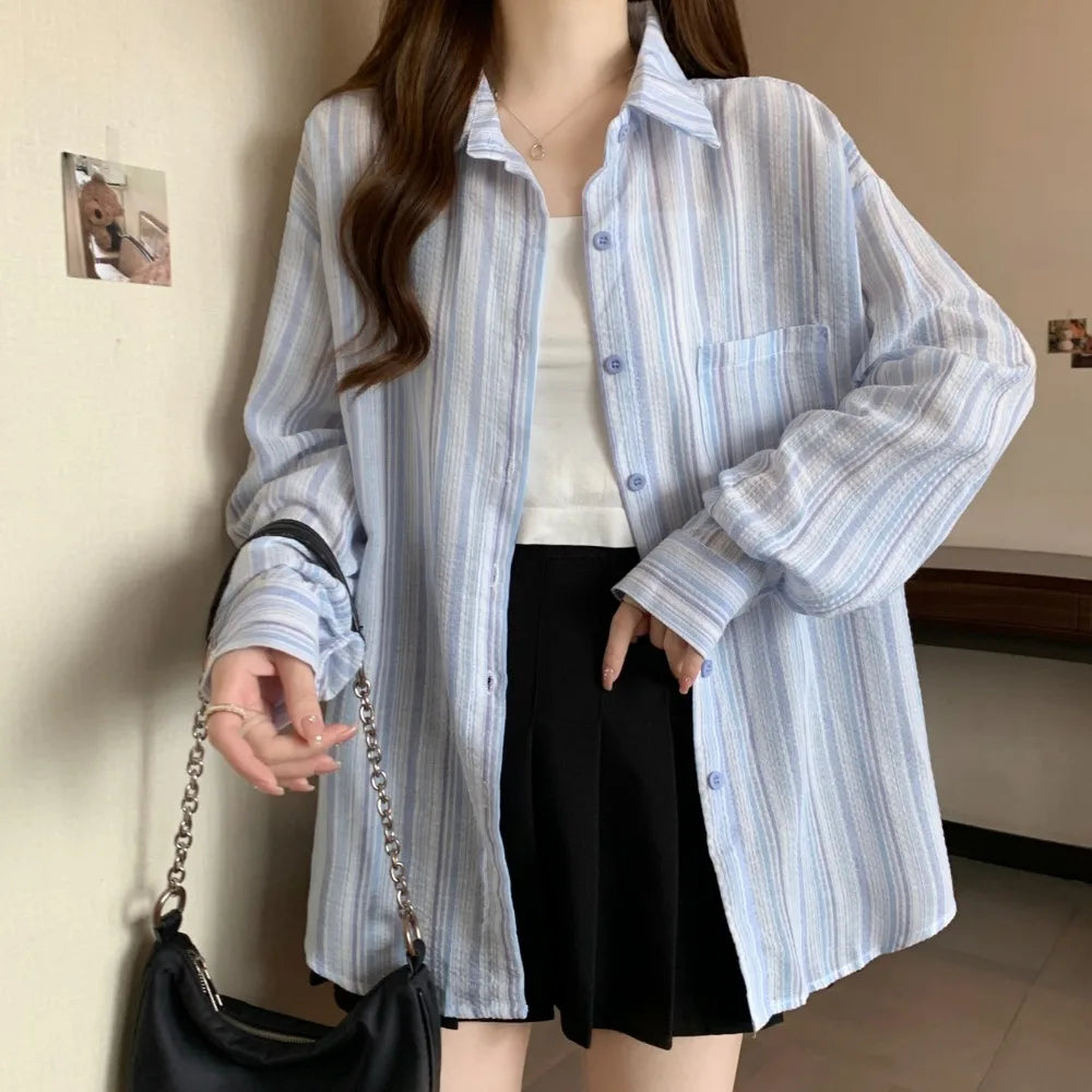 Vintage Striped Shirts Women All-match Korean Style Single Pocket
