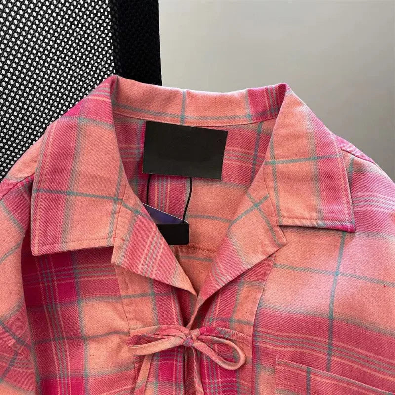 Neploe American Retro Pink  Plaid Shirt for Women Spring Autumn