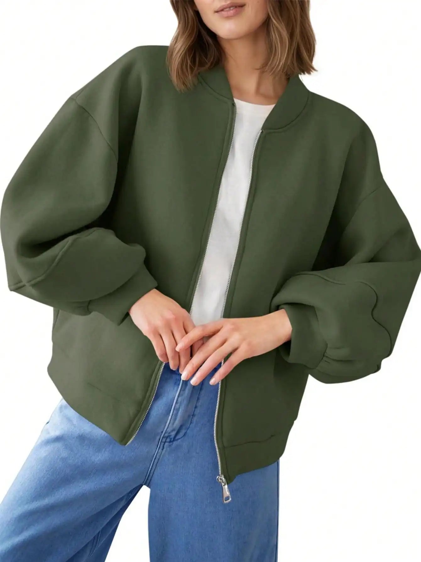 Fisoew Womens Full Zip Up Sweatshirt Jackets Casual Fleece Long Sleeve Loose Warm Bomber Jacket Coats Fall Outfits