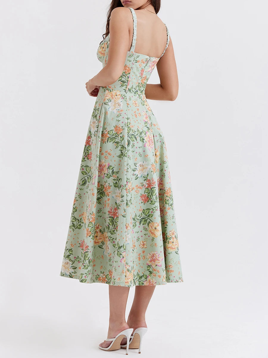 Women Summer Casual Midi Dress Floral Print Low-Cut Sleeveless