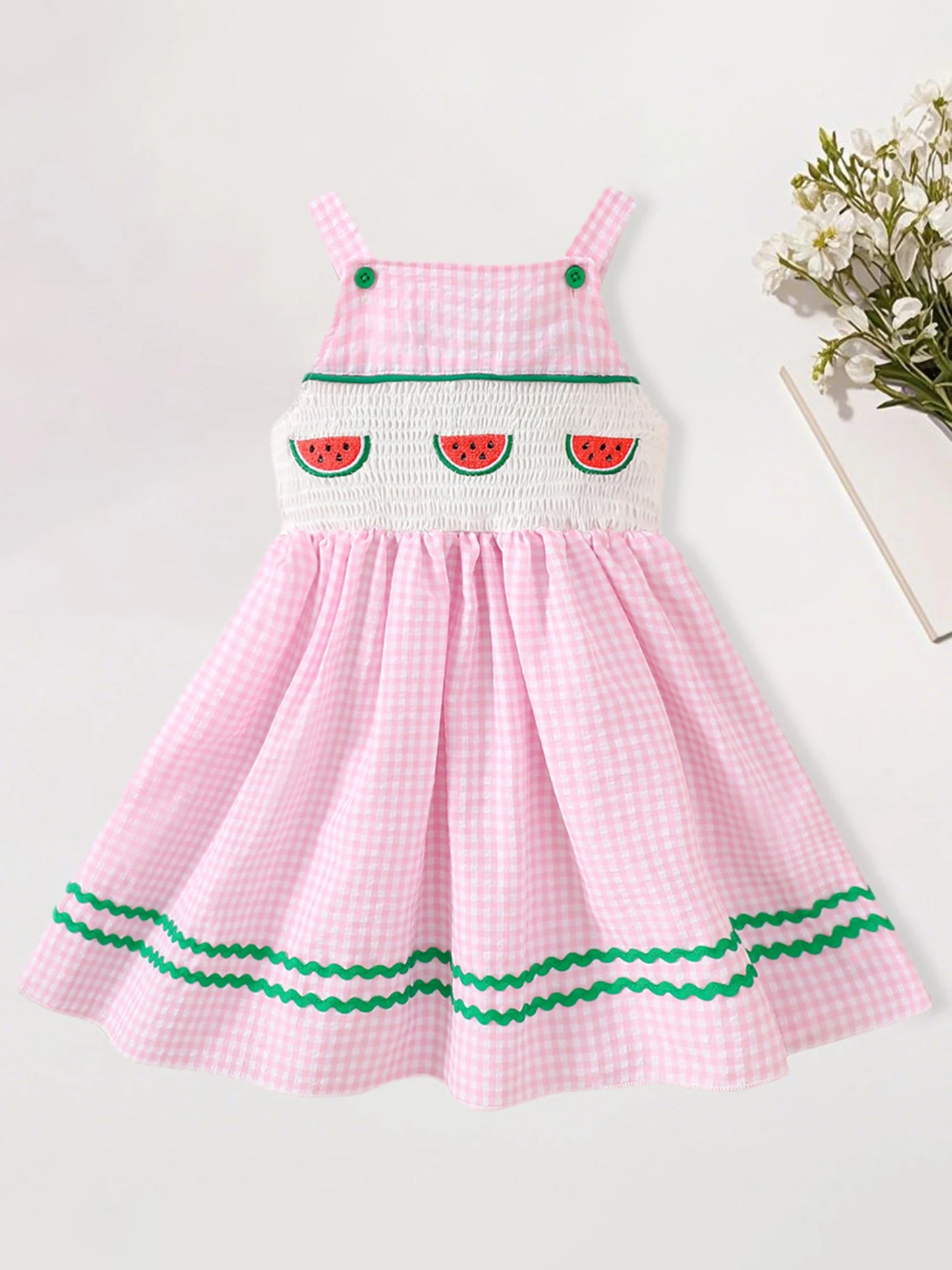Girls Sleeveless Watermelon Embroidered Plaid Dress with Ric-Rac Trim -