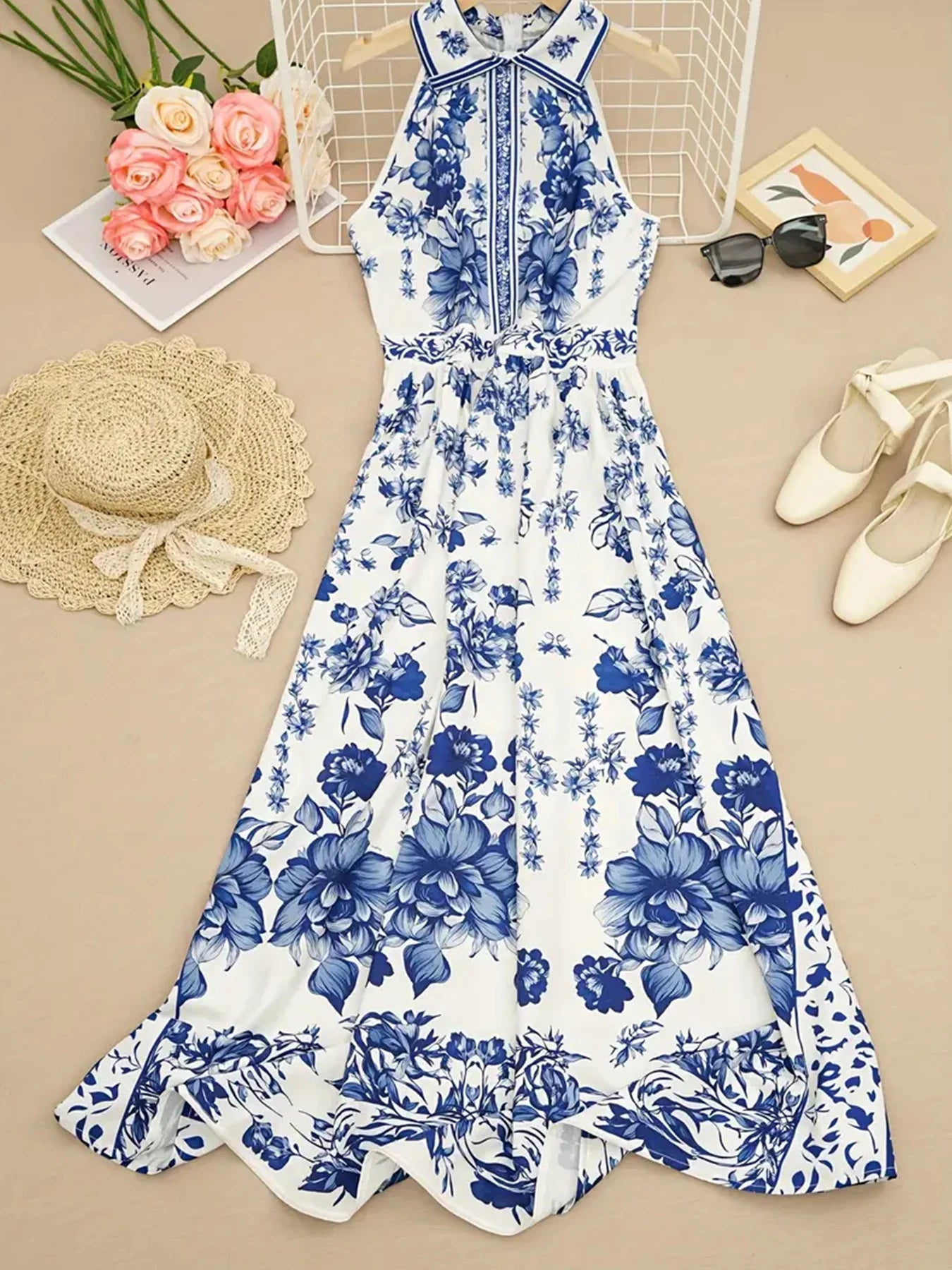 2025 New Blue and White Floral Print Women's Long A-Line Dress, Open Chest Collar