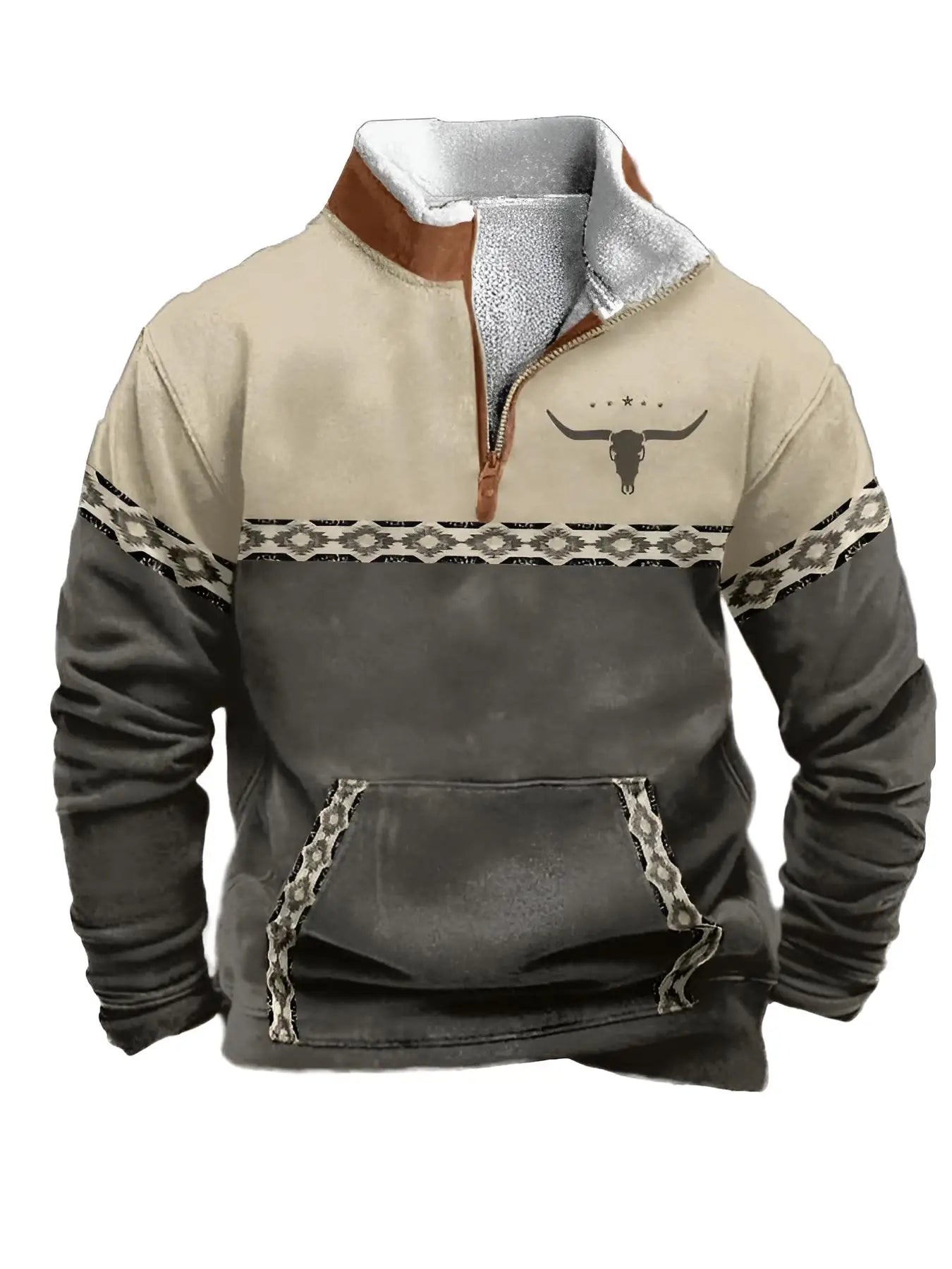 Men'S Vintage Western Hoodie with Aztec Cowboy Design - Beige & Gray Zip-Up Pullover