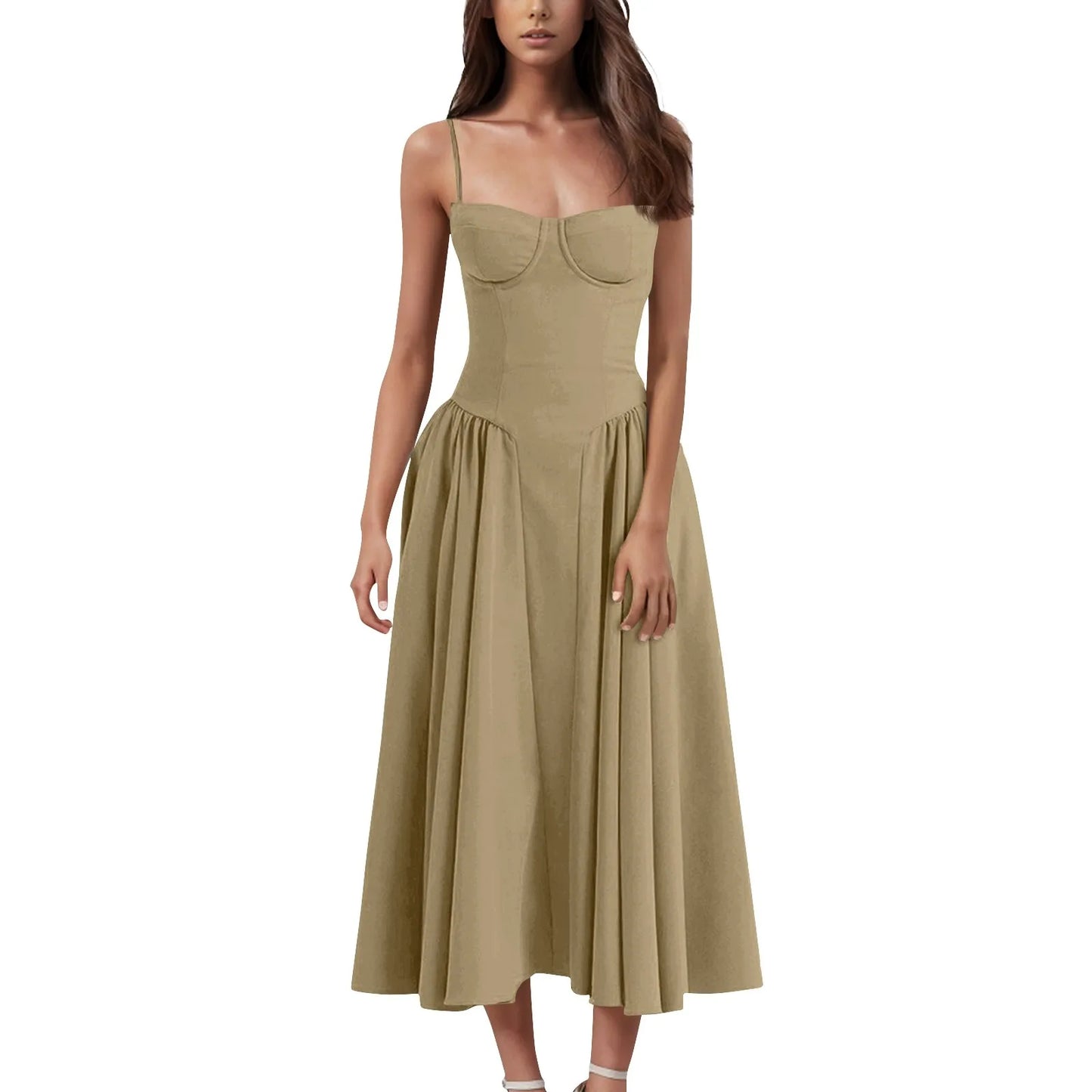 Women's Fashionable Solid Color Floral Retro Court  Dopamine Suspender Pocket Dress