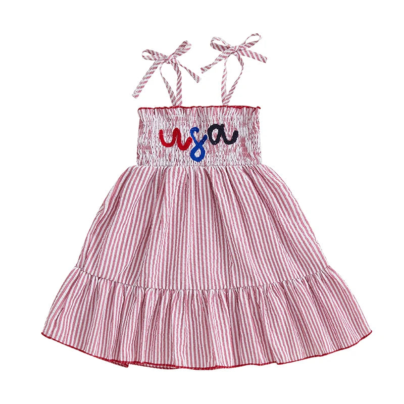 Cute Baby Girl Sleeveless Dress with Adjustable Spaghetti Straps Embroidered Letters
