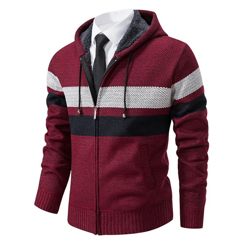 Men's Striped Hooded Cardigan Coat Velvet Padded Knit
