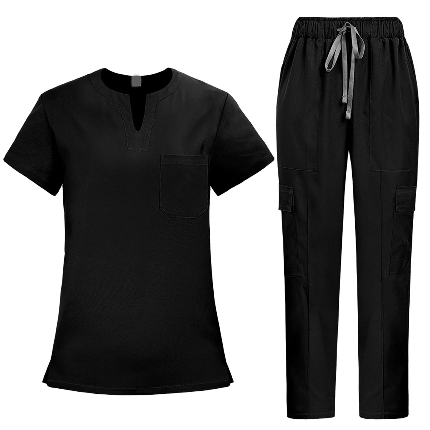 V-Notch Short Sleeve Multi-Pocket Cargo Pants Medical Uniform Healthcare  Professional Outfit