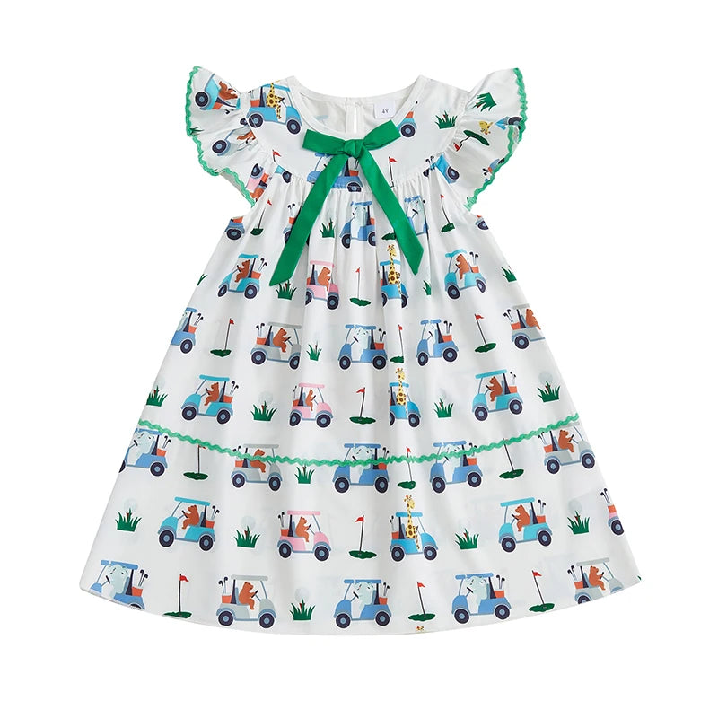 Girls Summer Sleeveless Round Neck Floral Print A-line Dress with Bow Detail and Ruffle Hem