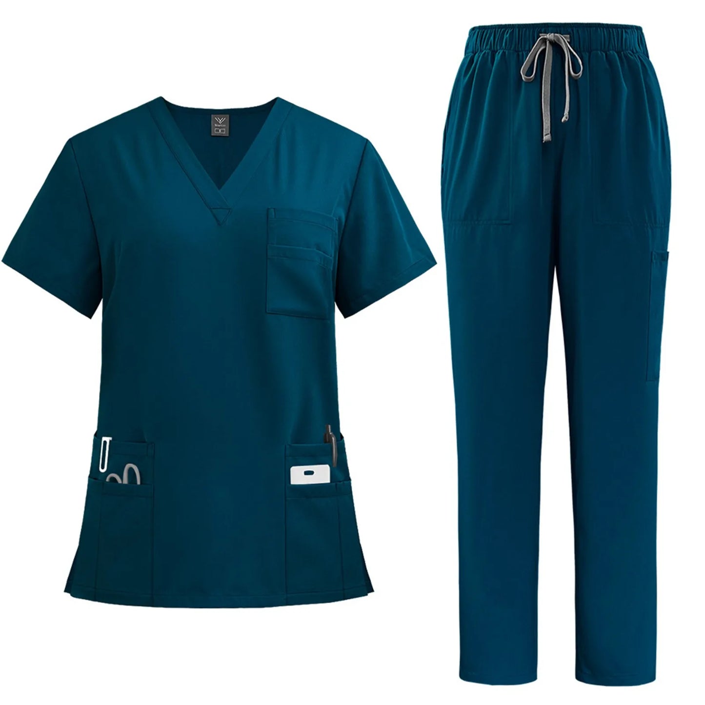 Women's solid color nurse uniform quick-drying fabric v-neck short-sleeved trousers suit